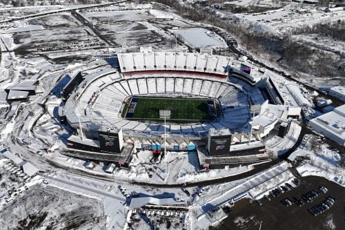 Jan 15, 2024; Orchard Park, New York, USA; A general overall aerial view of a snow-covered Highmark Stadium during a 2024 AFC wild card game between the Pittsburgh Steelers and the Buffalo Bills.