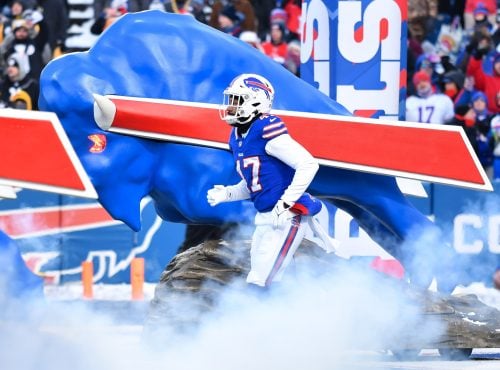 Jan 15, 2024; Orchard Park, New York, USA; Buffalo Bills cornerback Christian Benford (47) enters the field before a 2024 AFC wild card game against the Pittsburgh Steelers at Highmark Stadium.