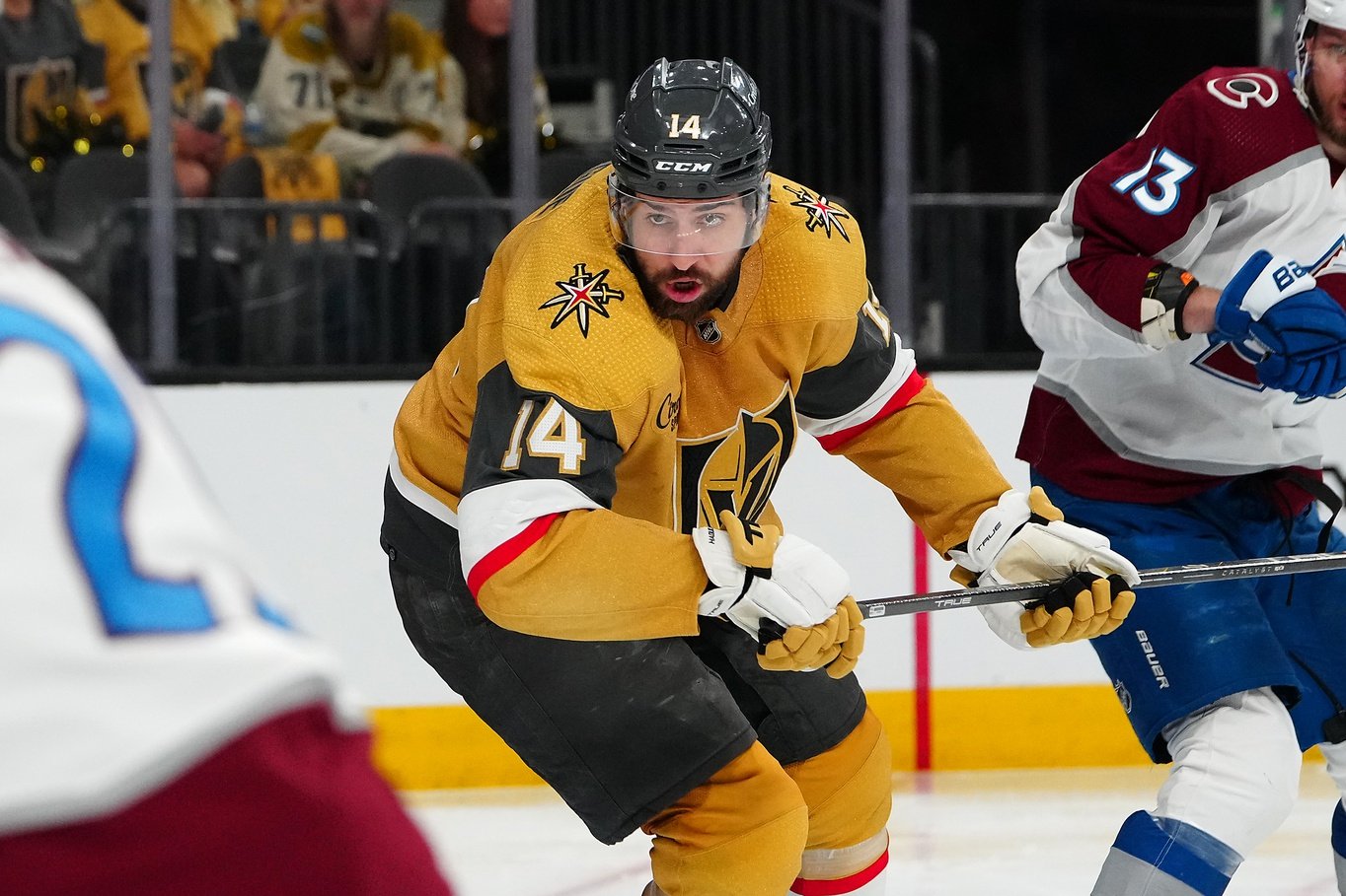 Apr 14, 2024; Las Vegas, Nevada, USA; Vegas Golden Knights defenseman Nicolas Hague (14) skates against the Colorado Avalanche during the second period at T-Mobile Arena.