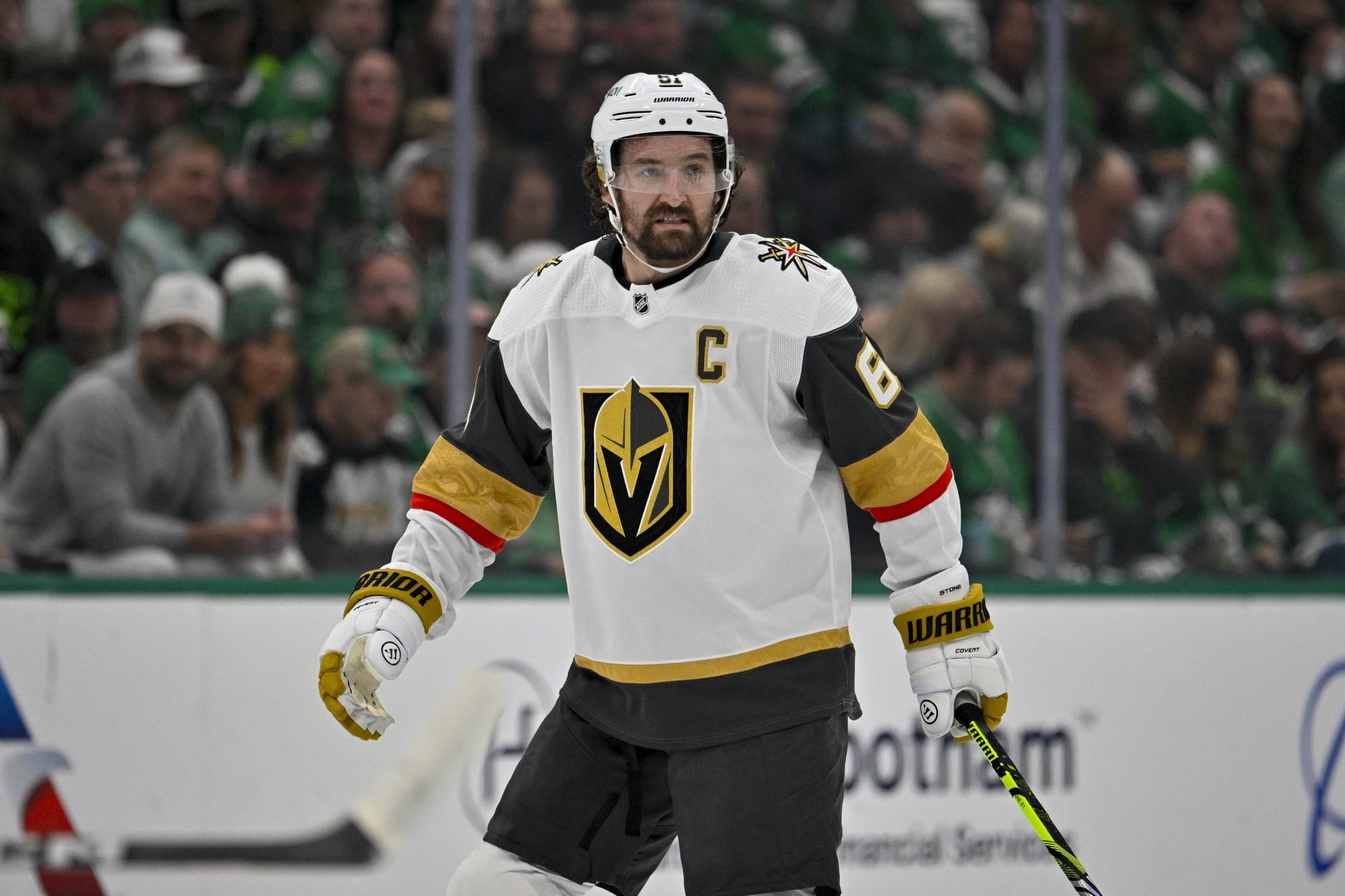 May 1, 2024; Dallas, Texas, USA; Vegas Golden Knights right wing Mark Stone (61) skates against the Dallas Stars during the first period in game five of the first round of the 2024 Stanley Cup Playoffs at the American Airlines Center.