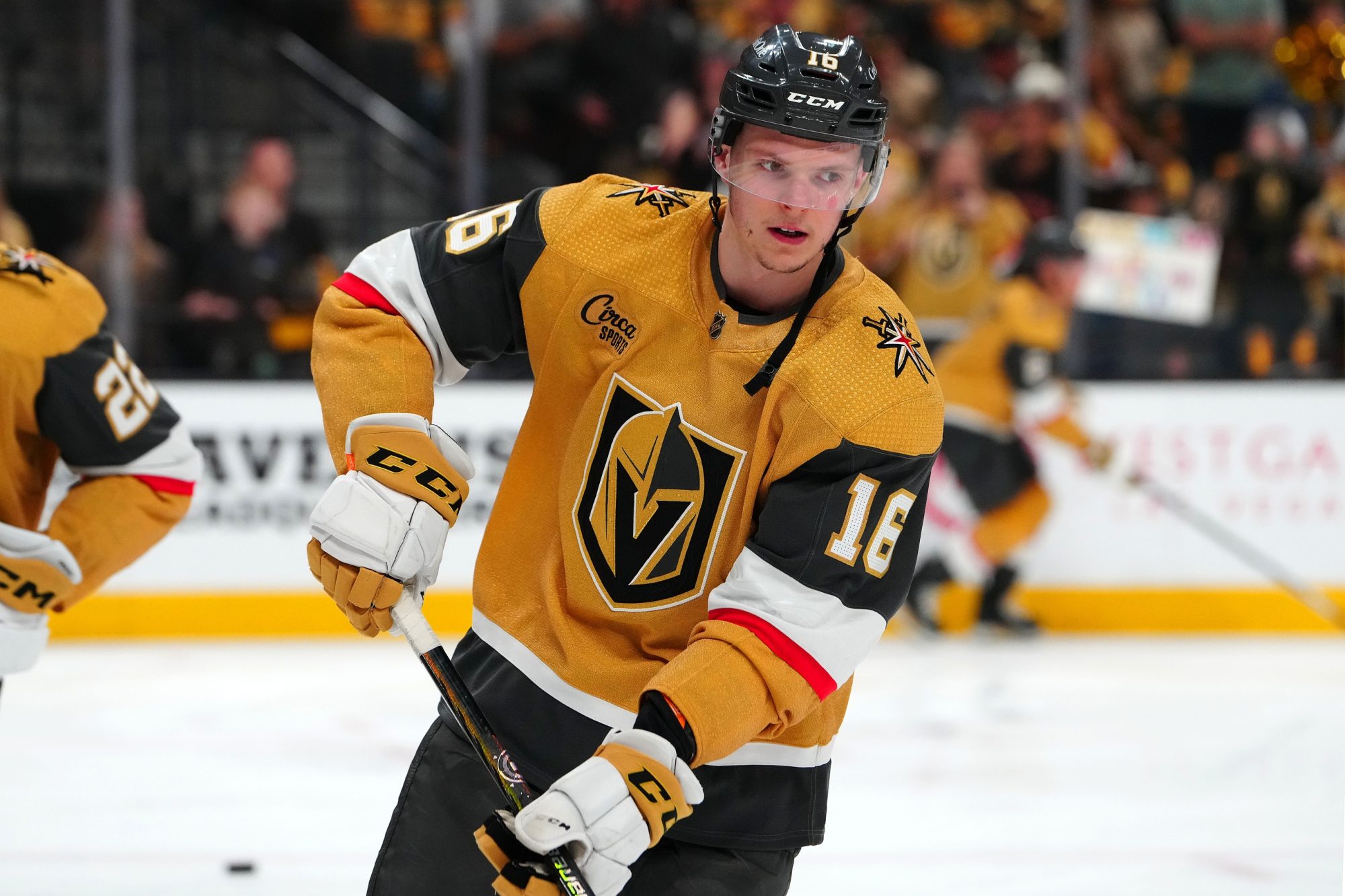 May 3, 2024; Las Vegas, Nevada, USA; Vegas Golden Knights left wing Pavel Dorofeyev (16) warms up before the start of game six against the Dallas Stars in the first round of the 2024 Stanley Cup Playoffs at T-Mobile Arena.