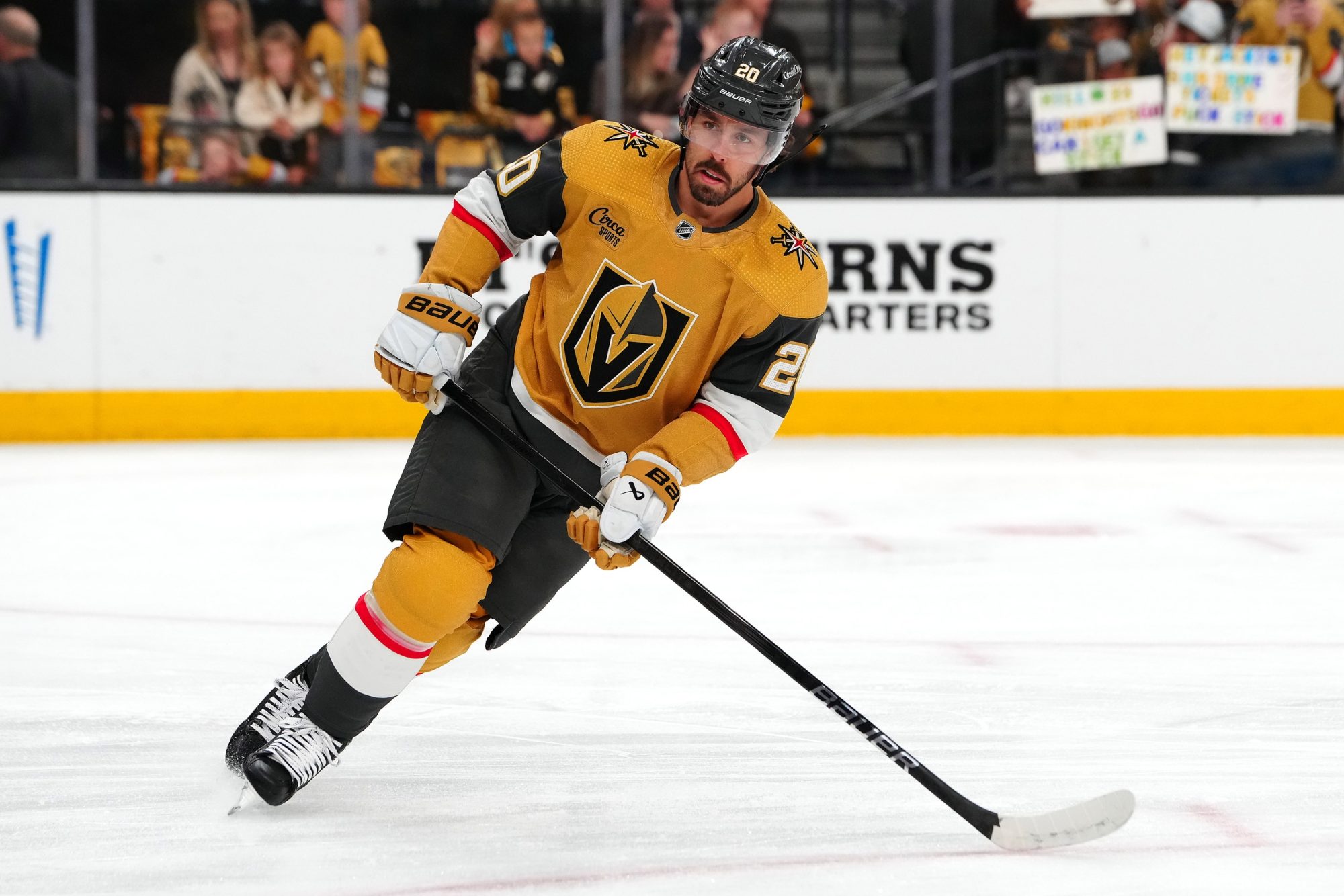 May 3, 2024; Las Vegas, Nevada, USA; Vegas Golden Knights center Chandler Stephenson (20) warms up before the start of game six against the Dallas Stars in the first round of the 2024 Stanley Cup Playoffs at T-Mobile Arena.