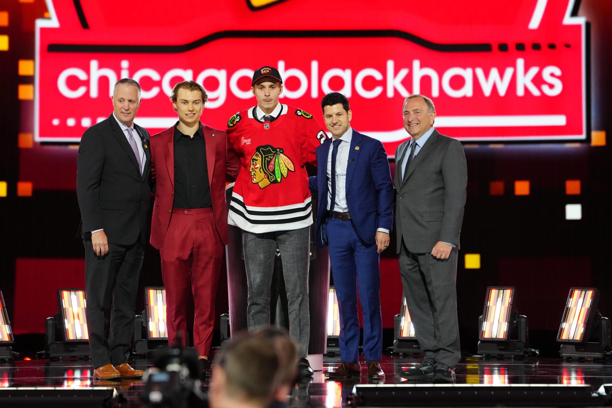 Jun 28, 2024; Las Vegas, Nevada, USA; Artyom Levshunov is selected with the 2nd overall pick in the first round of the 2024 NHL Draft by the Chicago Blackhawks at The Sphere.