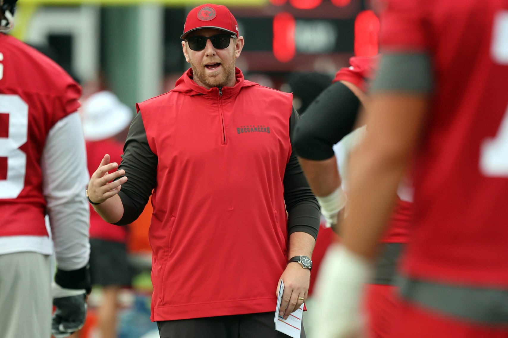 Jul 25, 2024; Tampa, FL, USA; Tampa Bay Buccaneers offensive coordinator Liam Coen during training camp at AdventHealth Training Center.