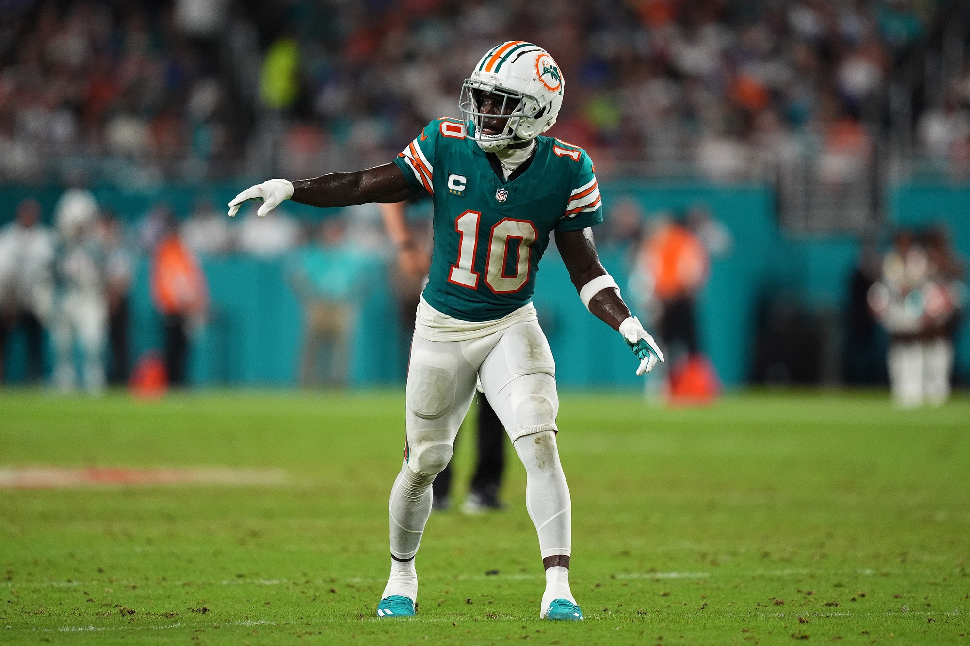 Sep 12, 2024; Miami Gardens, Florida, USA; Miami Dolphins wide receiver Tyreek Hill (10) lines up prior to a play during the second half against the Buffalo Bills at Hard Rock Stadium.