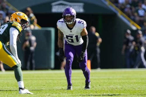 Sep 29, 2024; Green Bay, Wisconsin, USA; Minnesota Vikings linebacker Blake Cashman (51) during the game against the Minnesota Vikings at Lambeau Field.