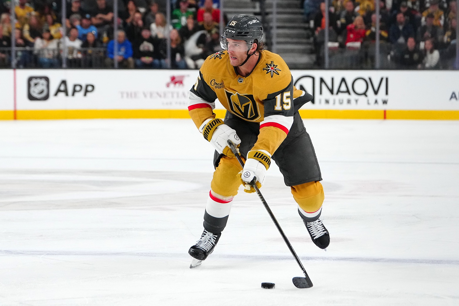 Nov 2, 2024; Las Vegas, Nevada, USA; Vegas Golden Knights defenseman Noah Hanifin (15) skates against the Utah Hockey Club during the second period at T-Mobile Arena.