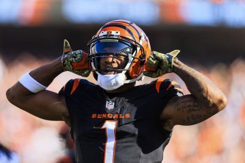 Nov 3, 2024; Cincinnati, Ohio, USA; Cincinnati Bengals wide receiver Ja'Marr Chase (1) reacts after a play against the Las Vegas Raiders in the first half at Paycor Stadium.