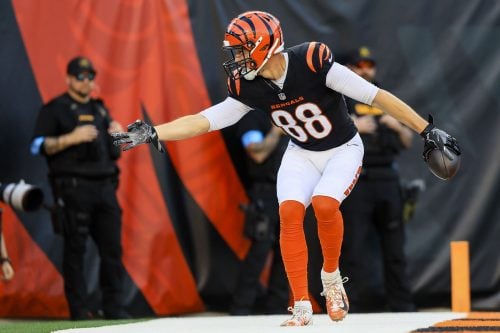 Nov 3, 2024; Cincinnati, Ohio, USA; Cincinnati Bengals tight end Mike Gesicki (88) reacts after scoring a touchdown against the Las Vegas Raiders in the second half at Paycor Stadium.