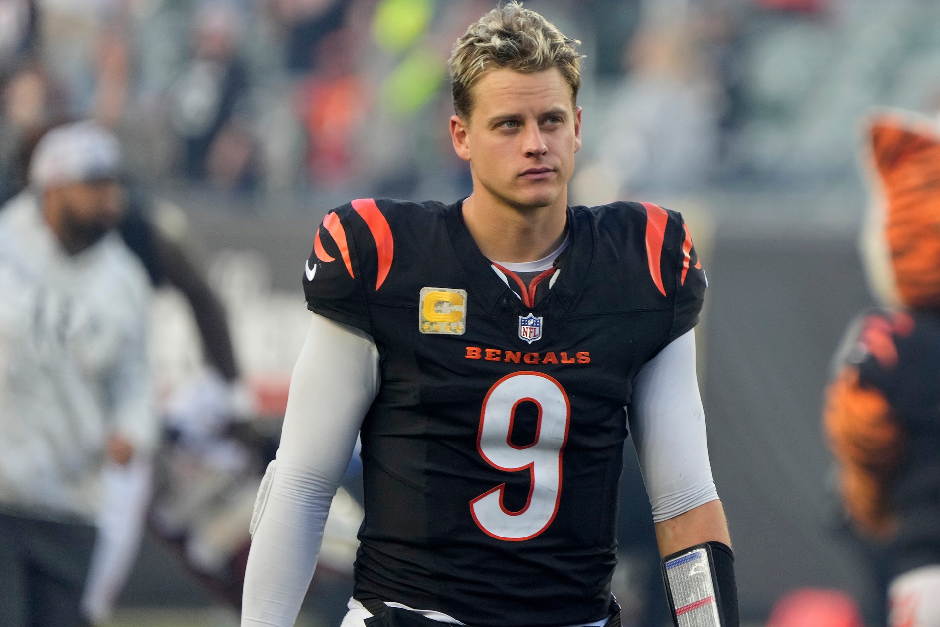 Cincinnati Bengals quarterback Joe Burrow (9) walks off the field after the Bengals beat the Las Vegas Raiders 41-24 Paycor Stadium Sunday, November 3, 2024.