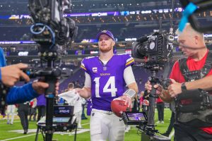 Nov 3, 2024; Minneapolis, Minnesota, USA; Minnesota Vikings quarterback Sam Darnold (14) leaves the field after the game against the Indianapolis Colts at U.S. Bank Stadium.