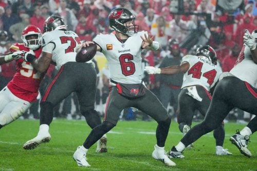 Nov 4, 2024; Kansas City, Missouri, USA; Tampa Bay Buccaneers quarterback Baker Mayfield (6) throws a pass against the Kansas City Chiefs during the second half at GEHA Field at Arrowhead Stadium.