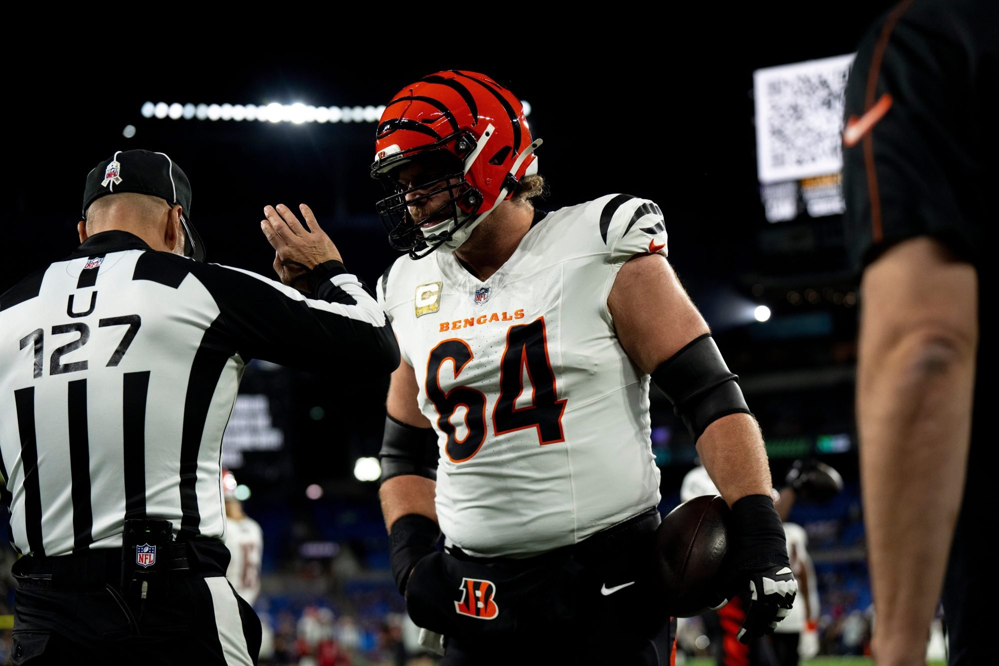 Cincinnati Bengals center Ted Karras (64) warms up before the NFL game between the Cincinnati Bengals and the Baltimore Ravens at M&T Banks Stadium in Baltimore on Thursday, Nov. 7, 2024.