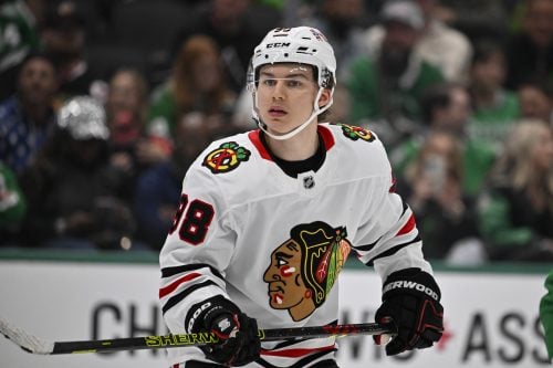 Nov 7, 2024; Dallas, Texas, USA; Chicago Blackhawks center Connor Bedard (98) skates against the Dallas Stars during the third period at the American Airlines Center.