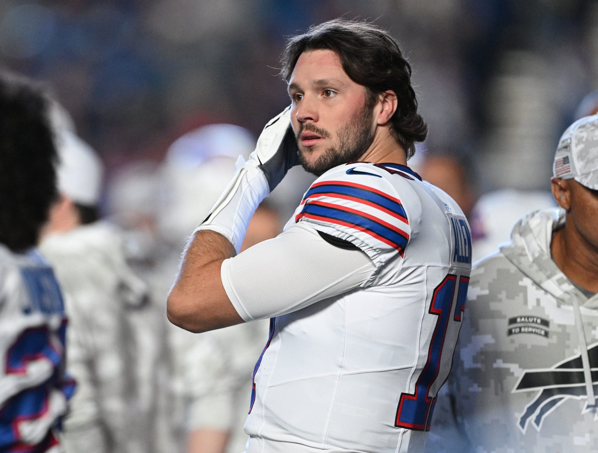 Nov 10, 2024; Indianapolis, Indiana, USA; Buffalo Bills quarterback Josh Allen (17) stands on the sidelines before the game against the Indianapolis Colts at Lucas Oil Stadium.