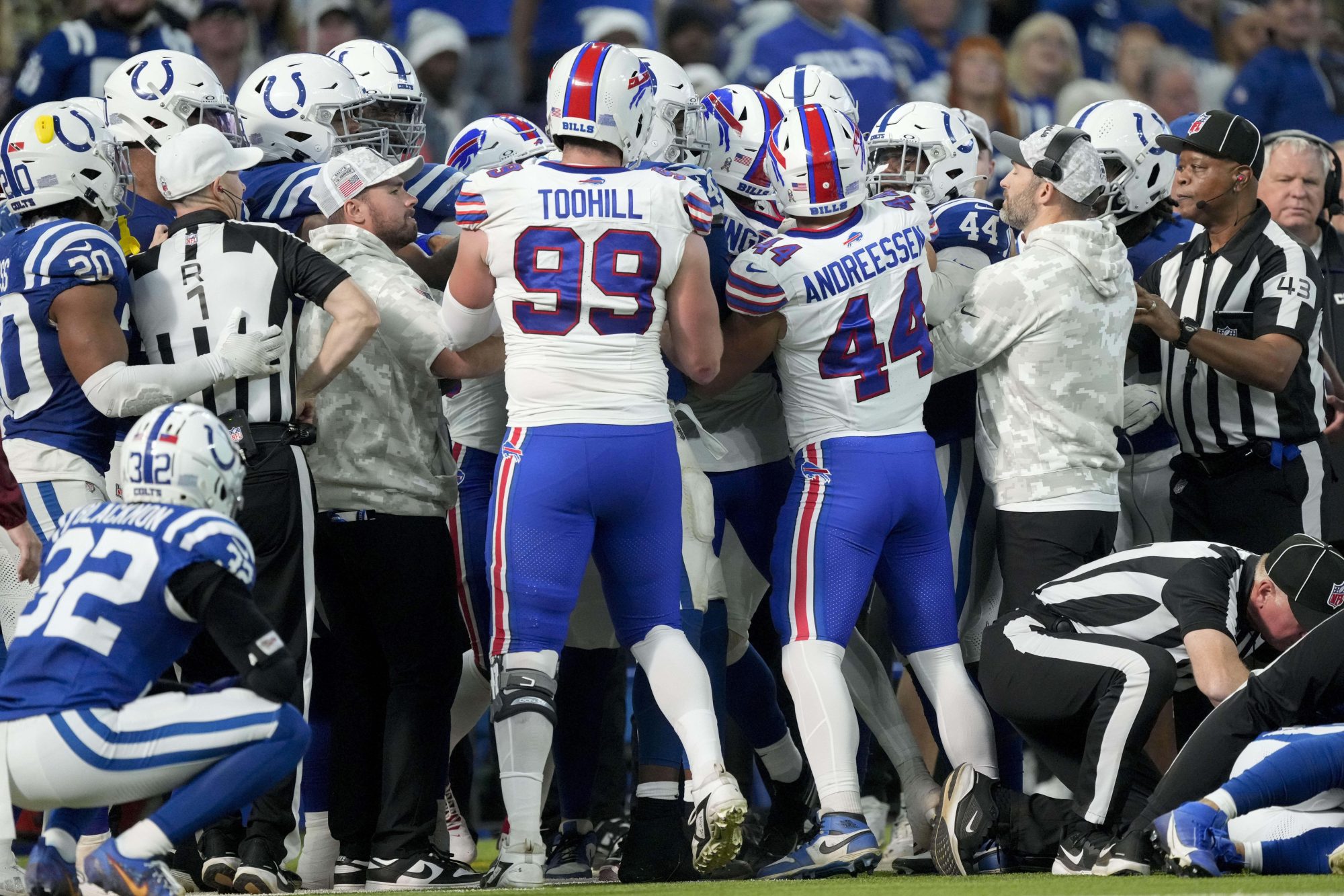 Nov 10, 2024; Indianapolis, Indiana, USA; Indianapolis Colts and Buffalo Bills shove each other following a fumble Sunday, Nov. 10, 2024, during a game against the Buffalo Bills at Lucas Oil Stadium in Indianapolis.