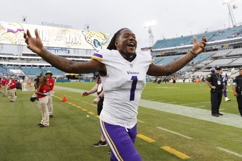 Nov 10, 2024; Jacksonville, Florida, USA; Minnesota Vikings cornerback Shaq Griffin (1) celebrates the win over the Jacksonville Jaguars at EverBank Stadium.