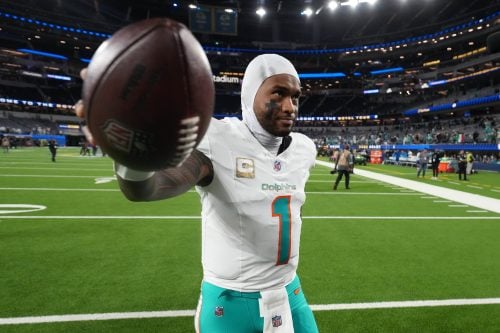 Nov 11, 2024; Inglewood, California, USA; Miami Dolphins quarterback Tua Tagovailoa (1) leaves the field after the game against the Los Angeles Rams at SoFi Stadium.