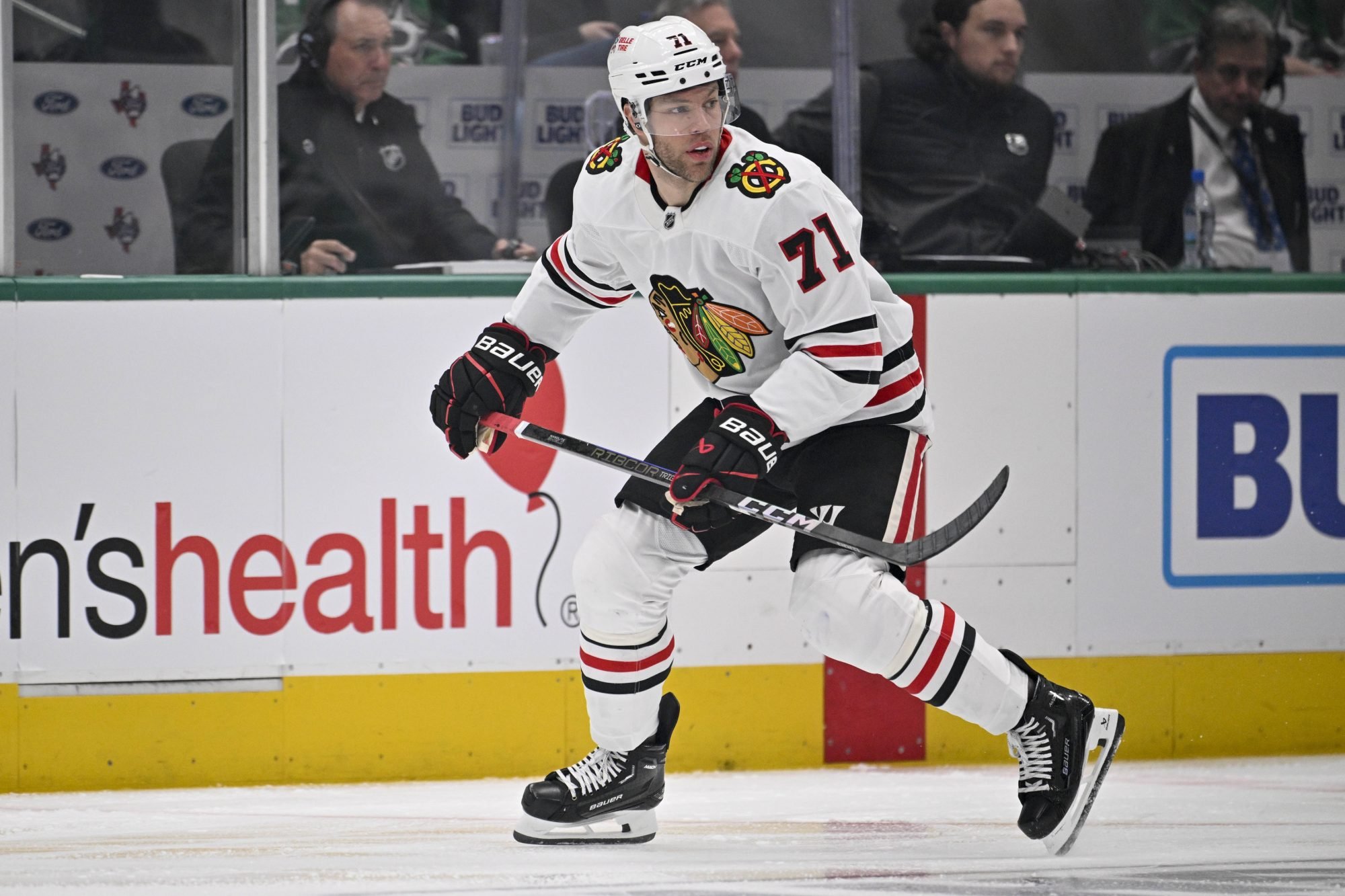 Nov 7, 2024; Dallas, Texas, USA; Chicago Blackhawks left wing Taylor Hall (71) in action during the game between the Dallas Stars and the Chicago Blackhawks at the American Airlines Center.