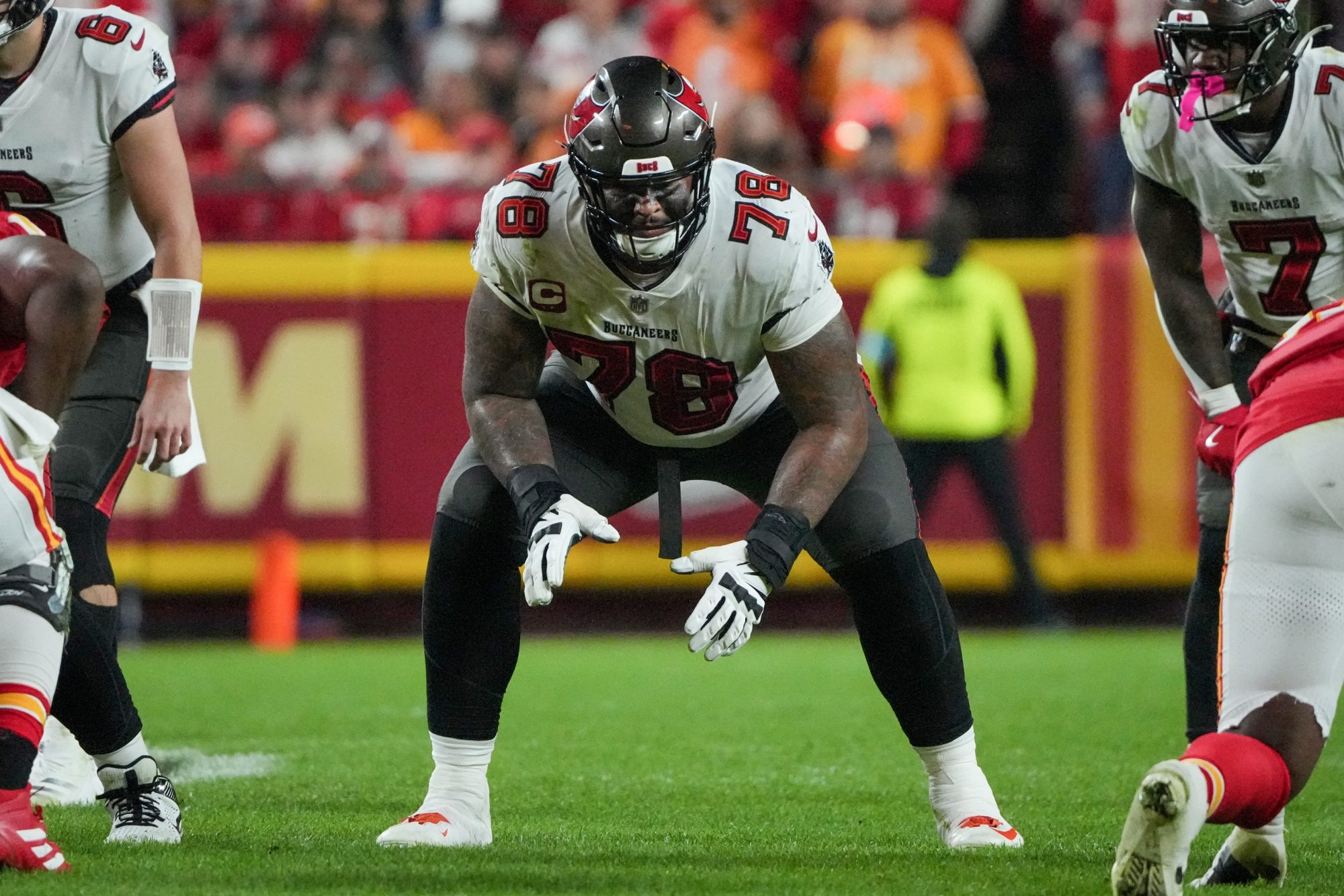 Nov 4, 2024; Kansas City, Missouri, USA; Tampa Bay Buccaneers offensive tackle Tristan Wirfs (78) at the line of scrimmage against the Kansas City Chiefsduring the game at GEHA Field at Arrowhead Stadium.