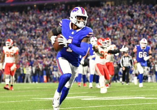 Nov 17, 2024; Orchard Park, New York, USA; Buffalo Bills wide receiver Curtis Samuel (1) scores a touchdown in the fourth quarter against the Kansas City Chiefs at Highmark Stadium.