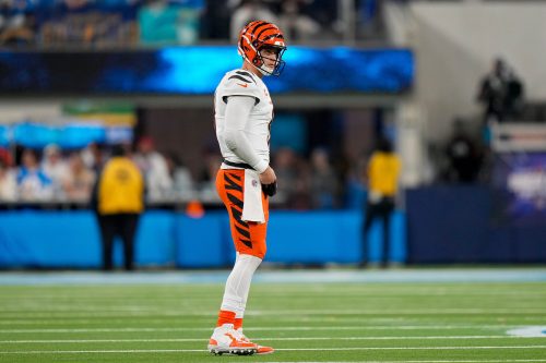 Cincinnati Bengals quarterback Joe Burrow (9) paces between plays in the fourth quarter of the NFL Week 11 game between the Los Angeles Chargers and the Cincinnati Bengals at SoFi Stadium in Inglewood, Calif., on Sunday, Nov. 17, 2024. The Chargers won 34-27.