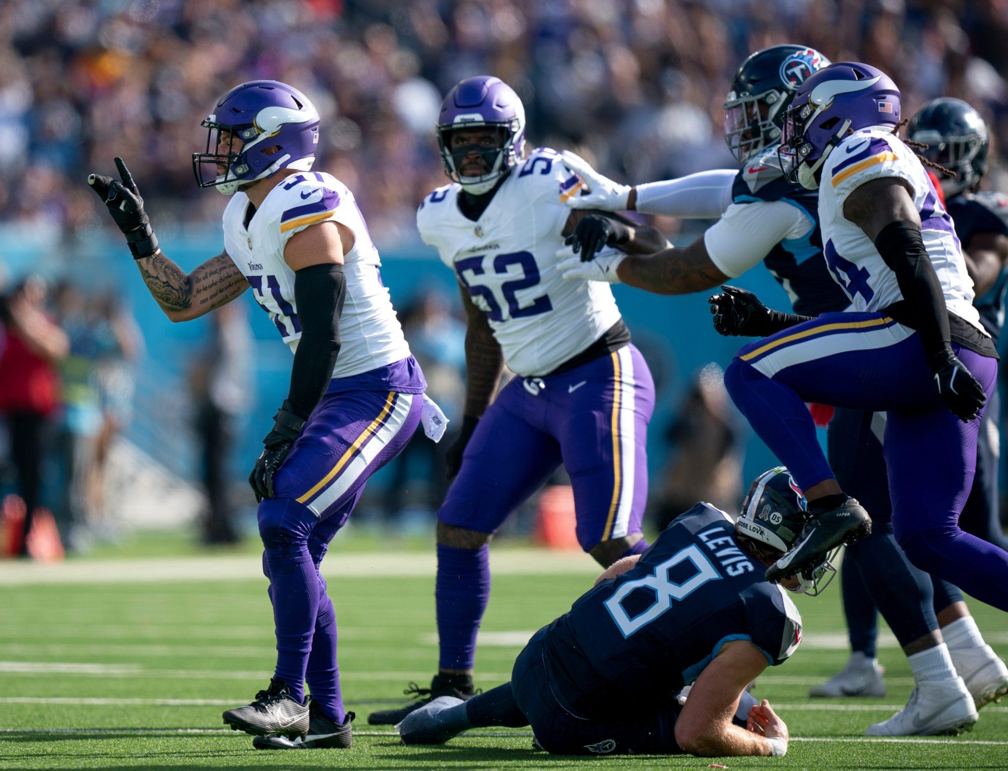 Minnesota Vikings linebacker Blake Cashman (51) celebrates his sack of Tennessee Titans quarterback Will Levis (8) at Nissan Stadium in Nashville, Tenn., Sunday, Nov. 17, 2024.