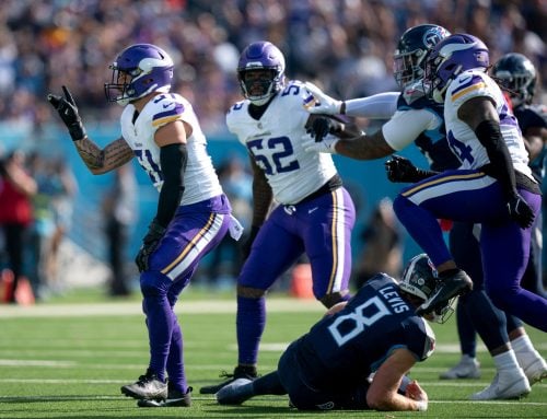 Minnesota Vikings linebacker Blake Cashman (51) celebrates his sack of Tennessee Titans quarterback Will Levis (8) at Nissan Stadium in Nashville, Tenn., Sunday, Nov. 17, 2024.