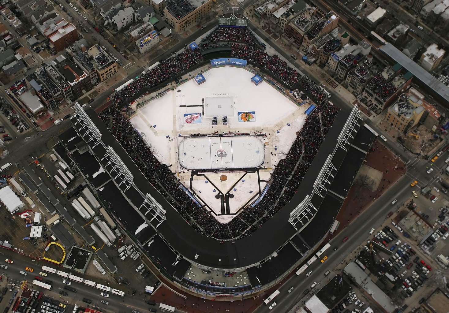 Jan 1, 2009; Chicago, IL, USA; An aerial view of Wrigley Field as the Chicago Blackhawks take on the Detroit Red Wings during the 2009 Winter Classic.