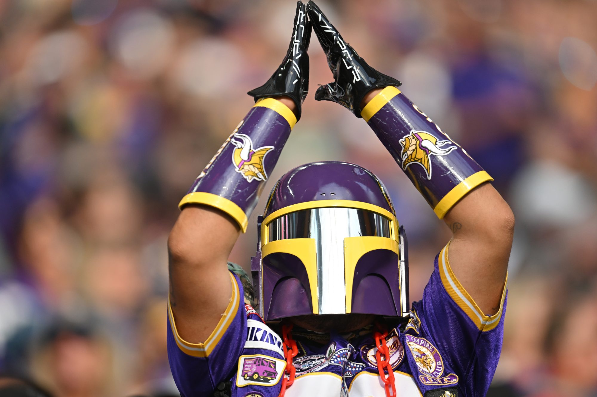 Sep 11, 2022; Minneapolis, Minnesota, USA; A Minnesota Vikings fan reacts during the second quarter against the Green Bay Packers at U.S. Bank Stadium.