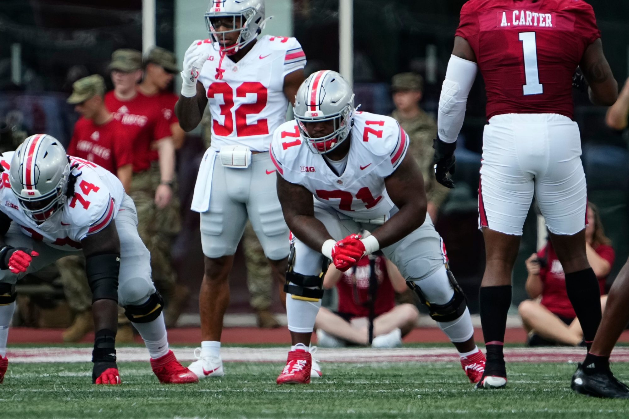 Sep 2, 2023; Bloomington, Indiana, USA; Ohio State Buckeyes offensive lineman Josh Simmons (71) lines up during the NCAA football game at Indiana University Memorial Stadium. Ohio State won 23-3.