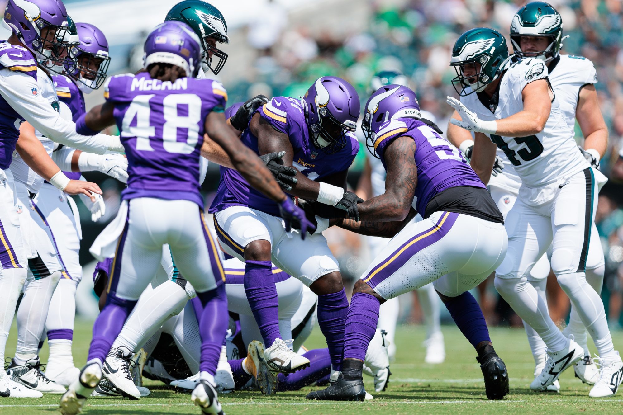 Aug 24, 2024; Philadelphia, Pennsylvania, USA; Minnesota Vikings defensive tackle Jalen Redmond (61) recovers a fumble against the Philadelphia Eagles during the first quarter at Lincoln Financial Field.