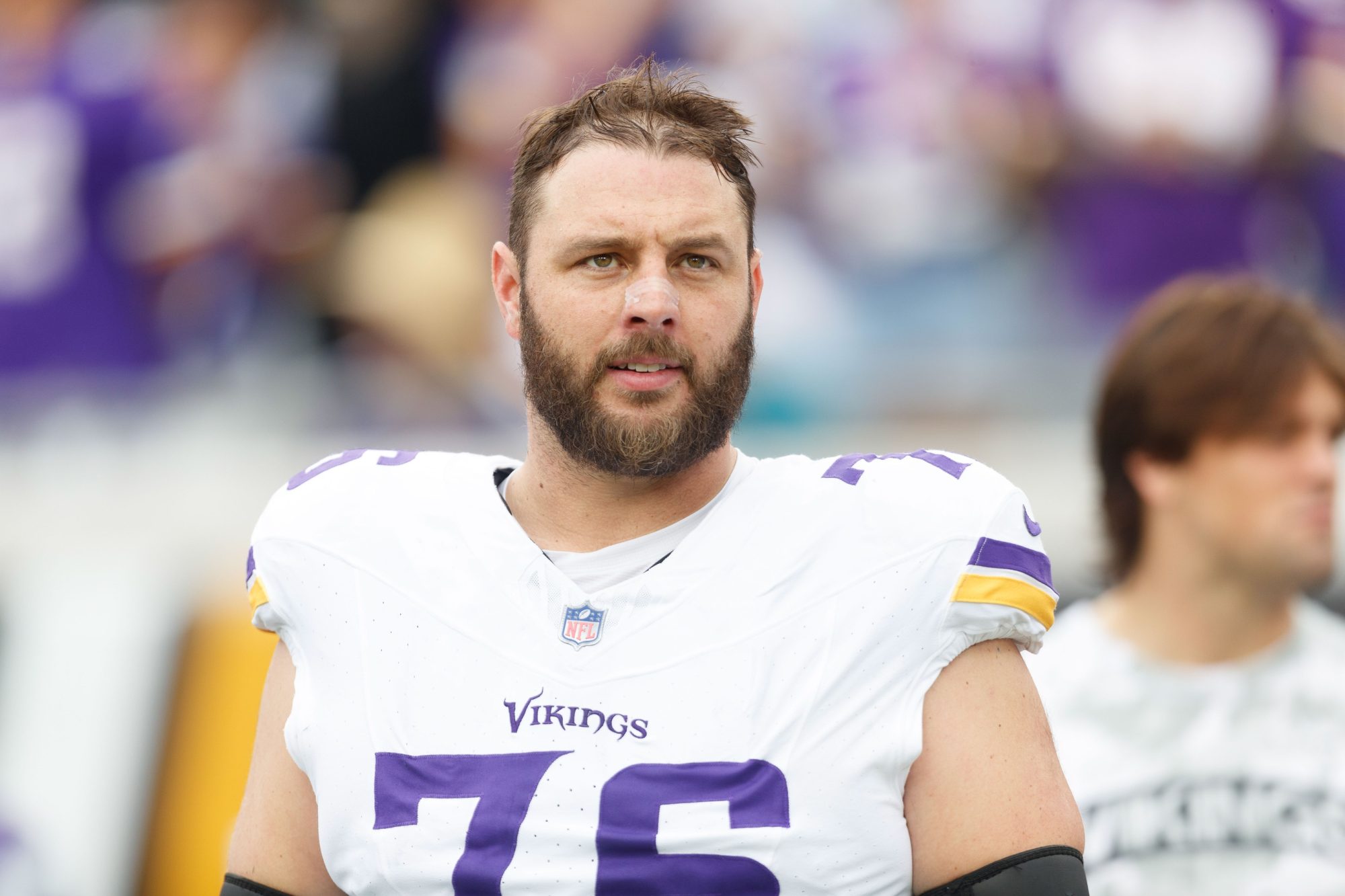 Nov 10, 2024; Jacksonville, Florida, USA; Minnesota Vikings tackle David Quessenberry (76) before the game against the Jacksonville Jaguars at EverBank Stadium.