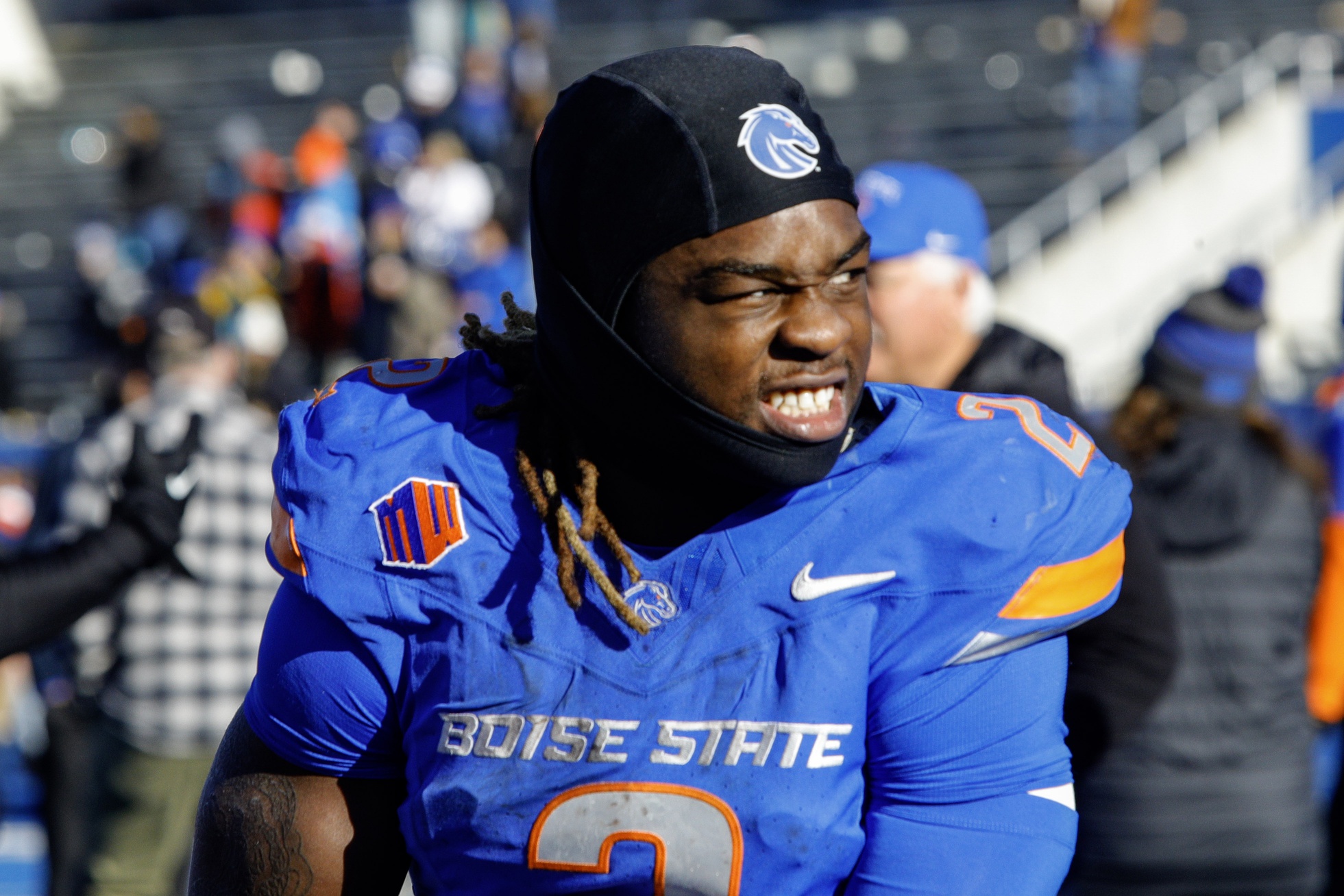 Nov 29, 2024; Boise, Idaho, USA; Boise State Broncos running back Ashton Jeanty (2) after the game against the Oregon State Beavers at Albertsons Stadium. Boise State defeats Oregon State 34-18.