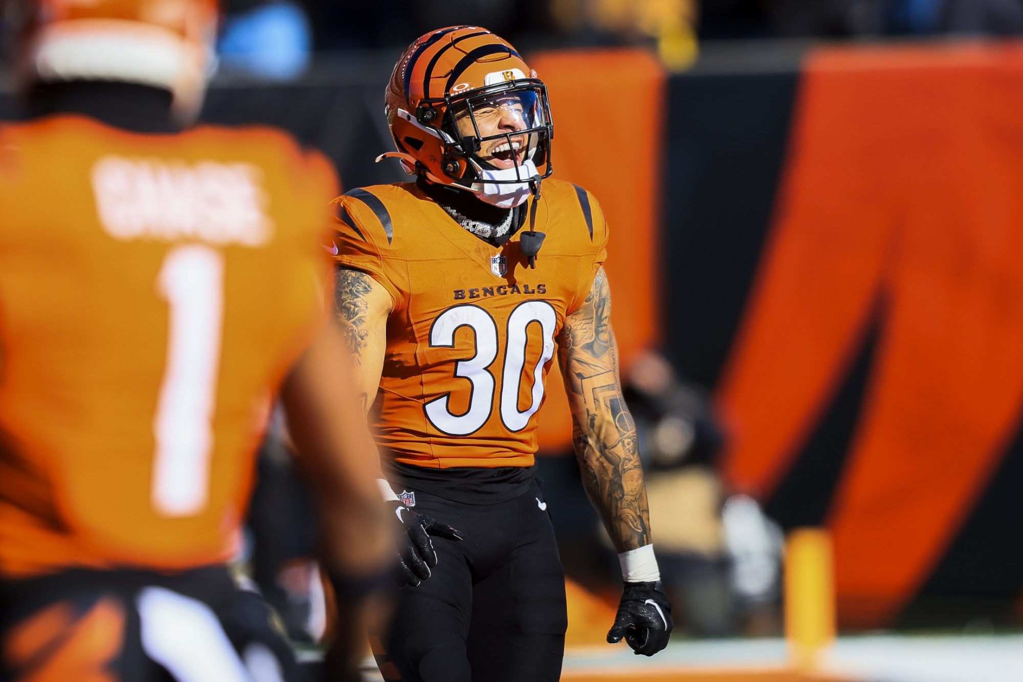 Dec 1, 2024; Cincinnati, Ohio, USA; Cincinnati Bengals running back Chase Brown (30) reacts after a play against the Pittsburgh Steelers in the first half at Paycor Stadium.