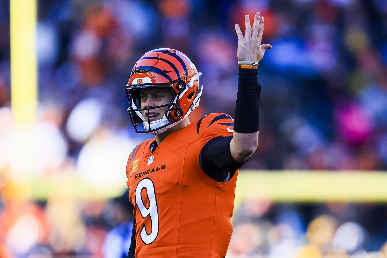 Dec 1, 2024; Cincinnati, Ohio, USA; Cincinnati Bengals quarterback Joe Burrow (9) reacts after a penalty called in the first half against the Pittsburgh Steelers at Paycor Stadium.