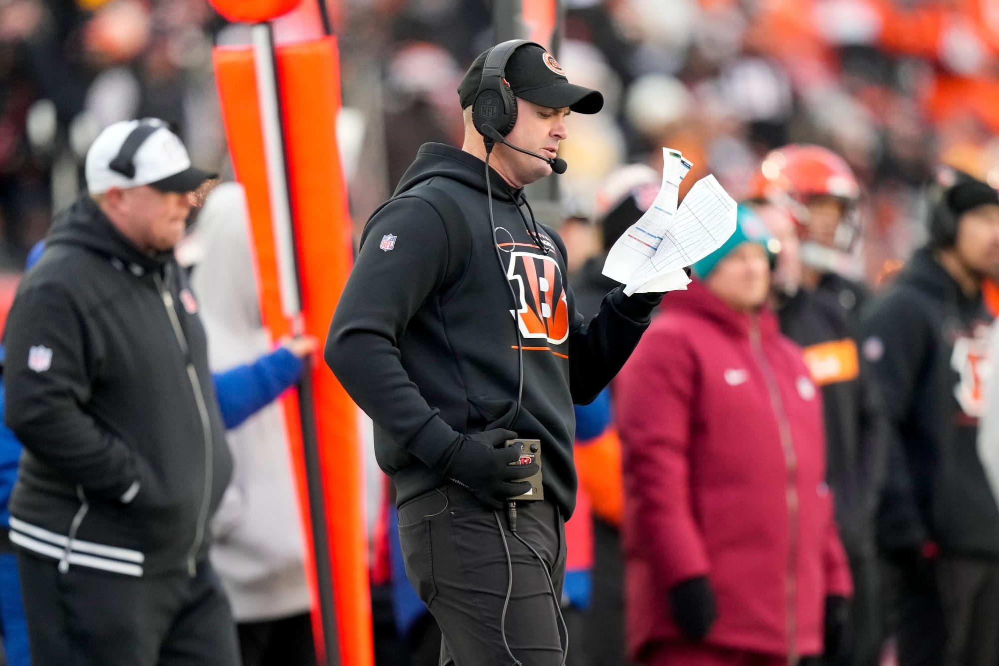 Cincinnati Bengals head coach Zac Taylor sets up a play n the fourth quarter of the NFL Week 13 game between the Cincinnati Bengals and the Pittsburgh Steelers at Paycor Stadium in downtown Cincinnati on Sunday, Dec. 1, 2024. The Steelers won 44-38.