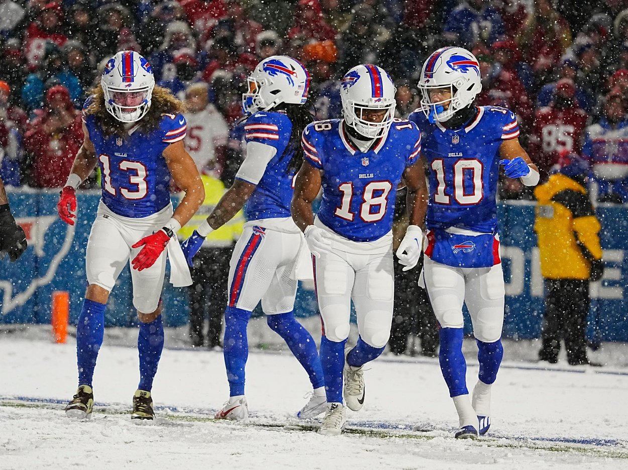 Bills wide receivers Mack Hollins, Amari Cooper and Khalil Shakir run off the field during first half action of their home game against the San Francisco 49ers in Orchard Park on Dec. 1, 2024.