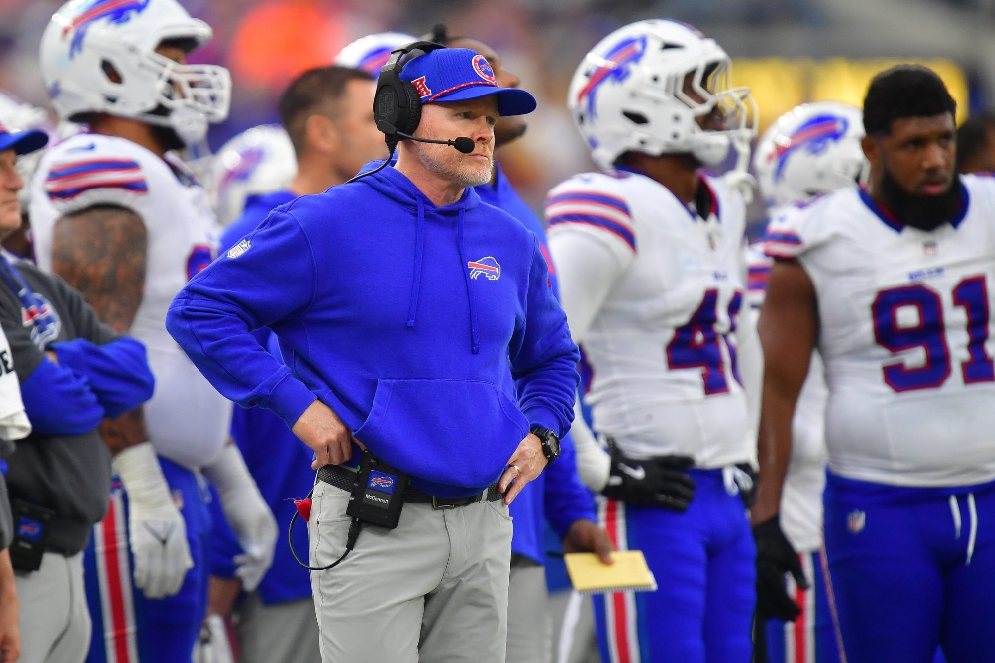 Dec 8, 2024; Inglewood, California, USA; Buffalo Bills head coach Sean McDermott watches game action against the Los Angeles Rams during the first half at SoFi Stadium.