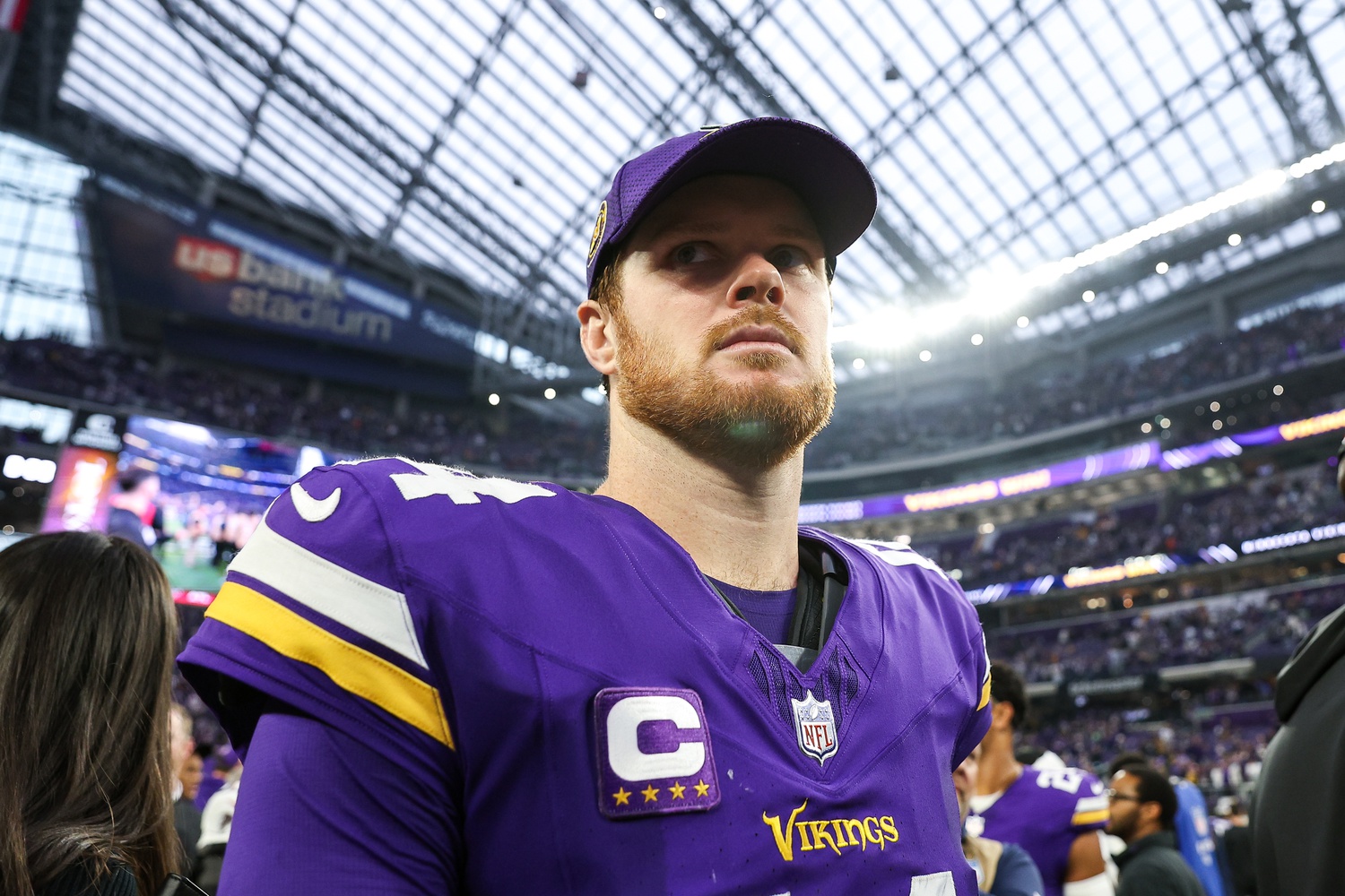 Dec 8, 2024; Minneapolis, Minnesota, USA; Minnesota Vikings quarterback Sam Darnold (14) looks on after the game against the Atlanta Falcons at U.S. Bank Stadium.