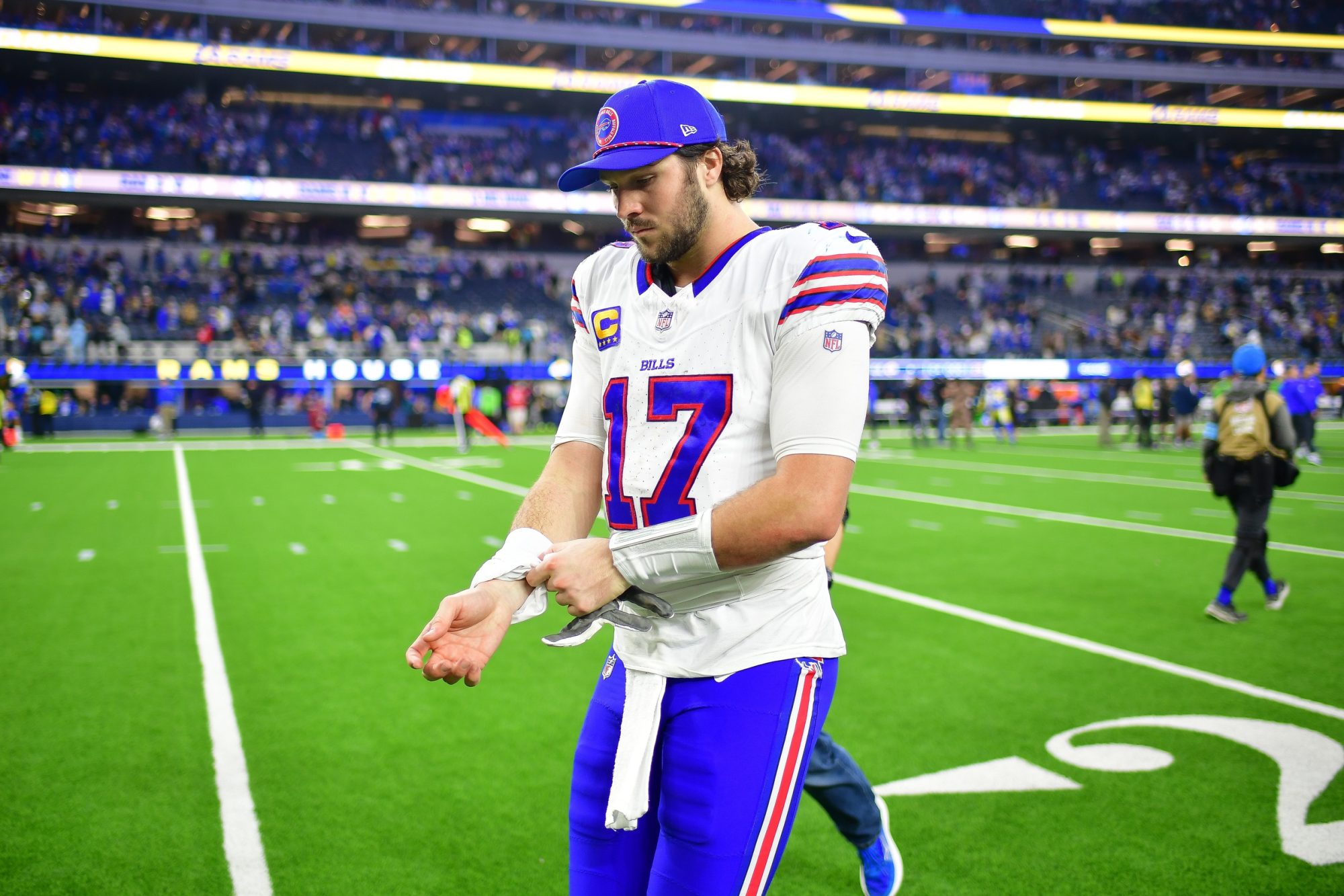 Dec 8, 2024; Inglewood, California, USA; Buffalo Bills quarterback Josh Allen (17) reacts following the loss against the Los Angeles Rams at SoFi Stadium.