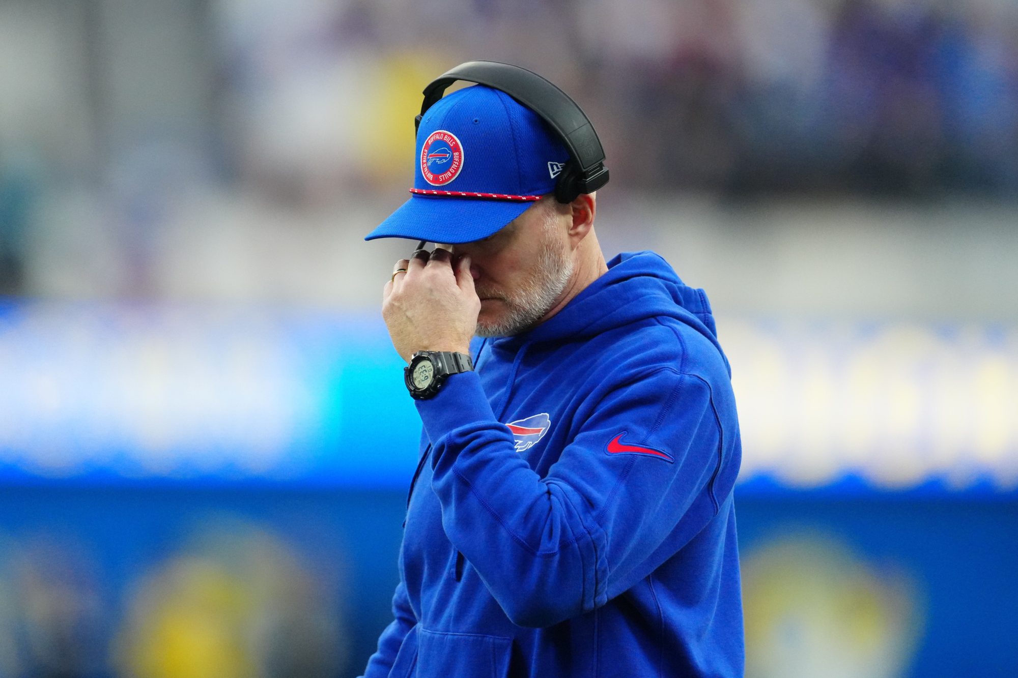 Dec 8, 2024; Inglewood, California, USA; Buffalo Bills coach Sean McDerrmott reacts in the second half against the Los Angeles Rams at SoFi Stadium.