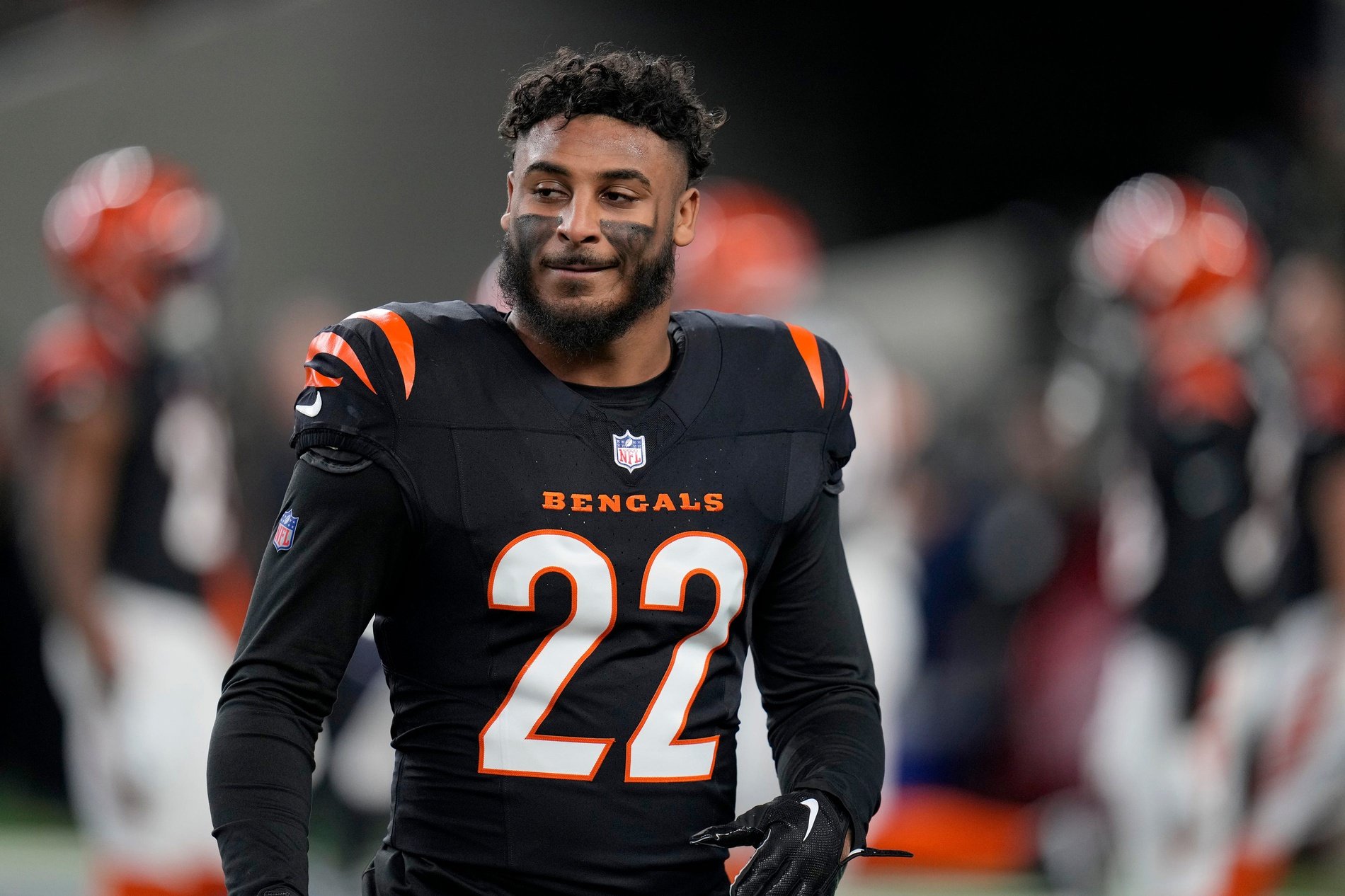 Cincinnati Bengals safety Geno Stone (22) takes the field for warm ups before facing Dallas Cowboys during Monday Night Football at AT&T Stadium on Monday, December 9, 2024.