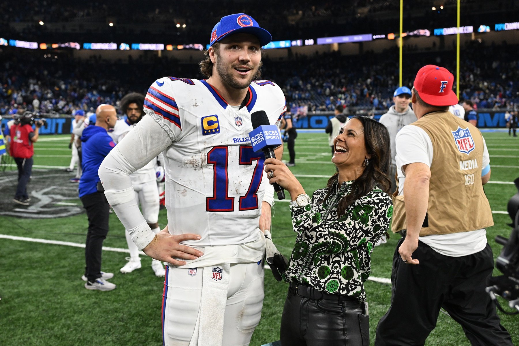 Dec 15, 2024; Detroit, Michigan, USA; Buffalo Bills quarterback Josh Allen (17) talks with CBS reporter Tracy Wolfson after the Bills win over the Detroit Lions at Ford Field.