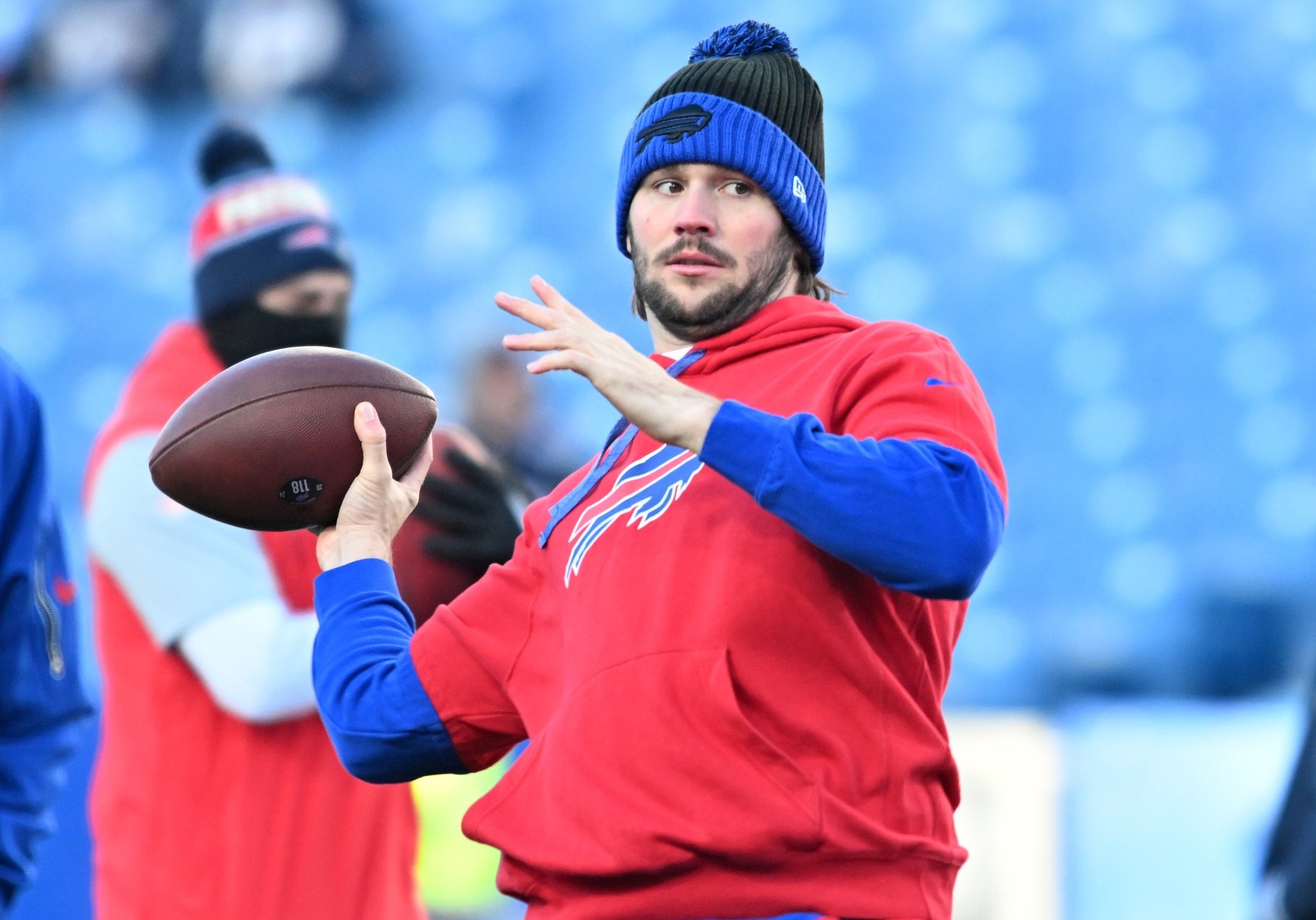 Dec 22, 2024; Orchard Park, New York, USA; Buffalo Bills quarterback Josh Allen (17) warms up before a game against the New England Patriots at Highmark Stadium.