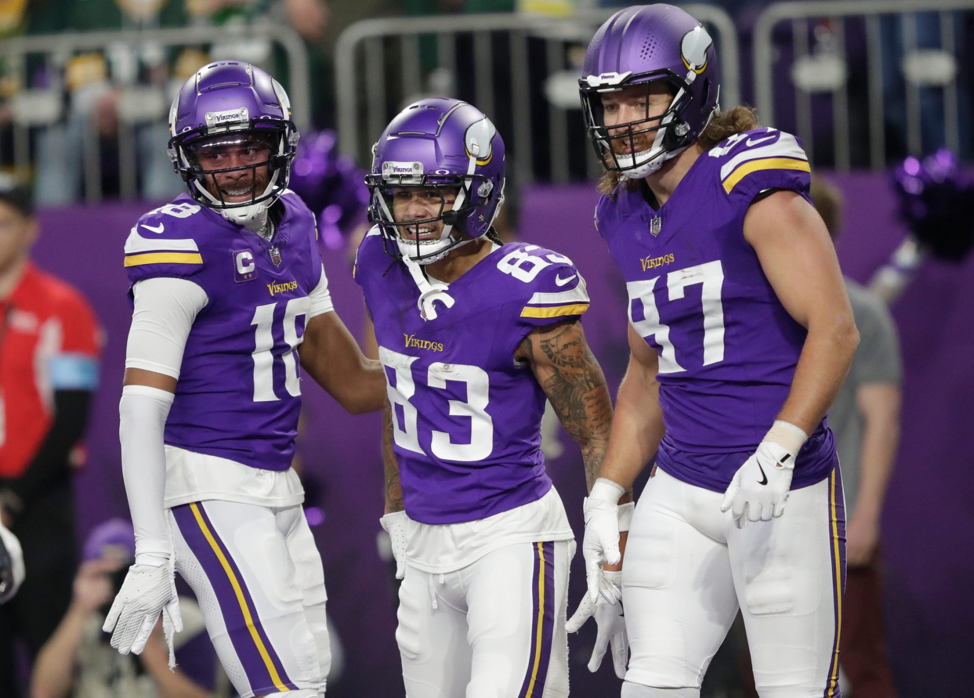 Minnesota Vikings wide receiver Jalen Nailor (83) celebrates scoring a touchdown with teamates during their football game against the Green Bay Packers Sunday, December 29, 2024, at U.S. Bank Stadium in Minneapolis, Minnesota.