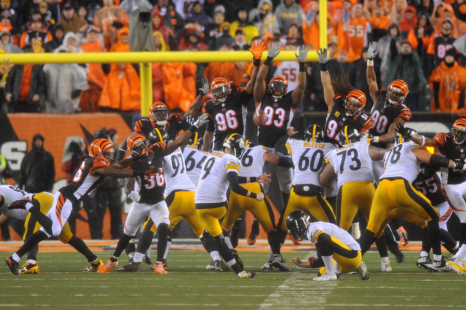 Jan 9, 2016; Cincinnati, OH, USA; Pittsburgh Steelers kicker Chris Boswell (9) kicks the game winning field goal during the fourth quarter against the Cincinnati Bengals in the AFC Wild Card playoff football game at Paul Brown Stadium.