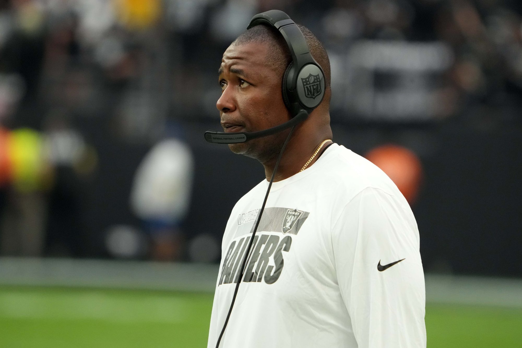 Sep 18, 2022; Paradise, Nevada, USA; Las Vegas Raiders defensive coordinator Patrick Graham reacts in the second half against the Arizona Cardinals at Allegiant Stadium.