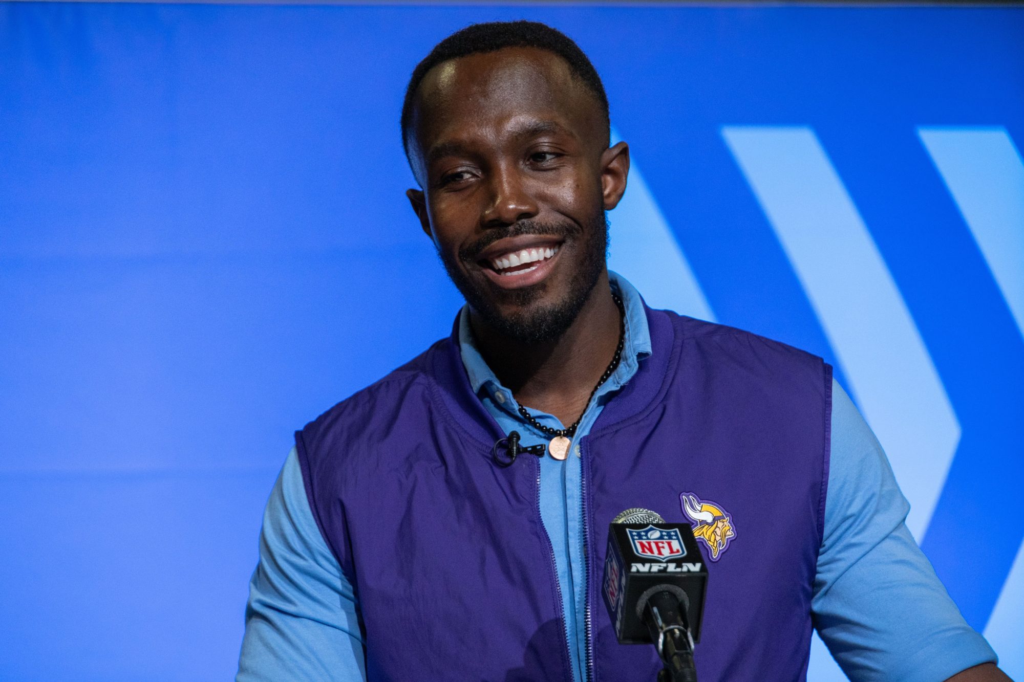 Feb 28, 2023; Indianapolis, IN, USA; Minnesota Vikings general manager Kwesi Adofo‐Mensah speaks to the press at the NFL Combine at Lucas Oil Stadium.