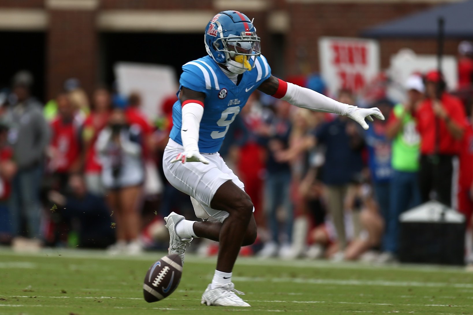 Sep 28, 2024; Oxford, Mississippi, USA; Mississippi Rebels defensive back Trey Amos (9) reacts after breaking up a pass during the first half against the Kentucky Wildcats at Vaught-Hemingway Stadium.